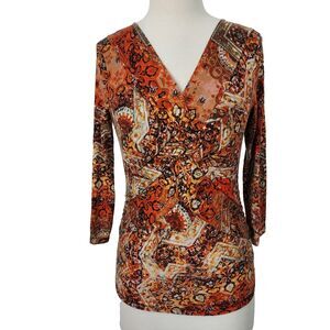 Cable & Gauge Women's 3/4 Sleeve V-Neck Blouse Size Large Knot Front Top Earthy